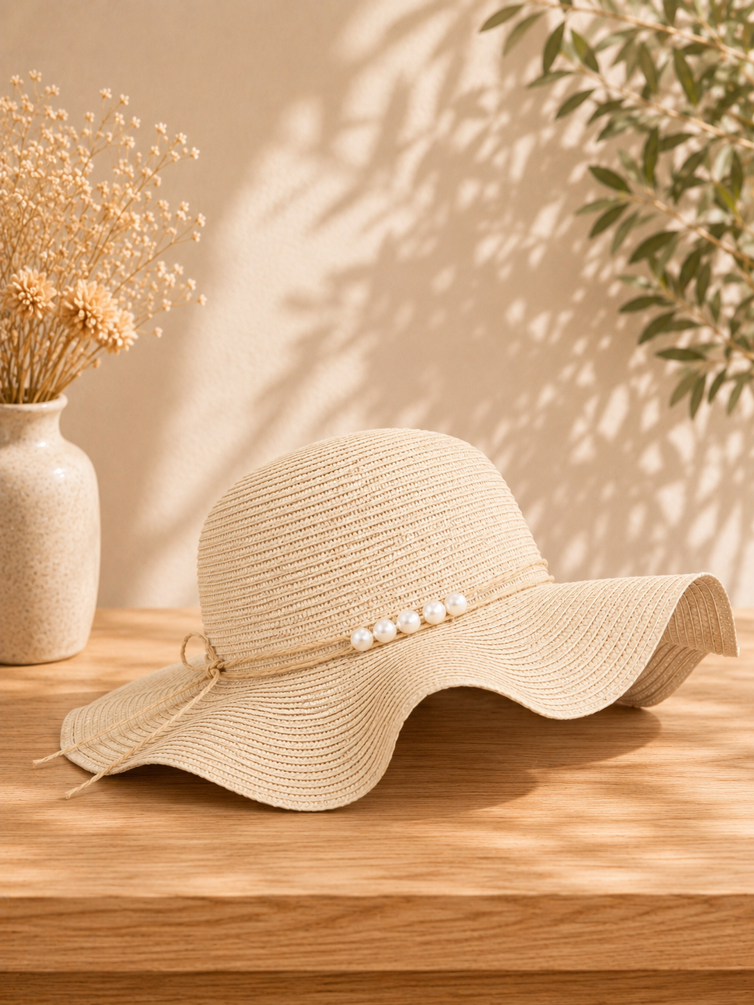 CHAPEAU DE PAILLE PERLES BEIGE