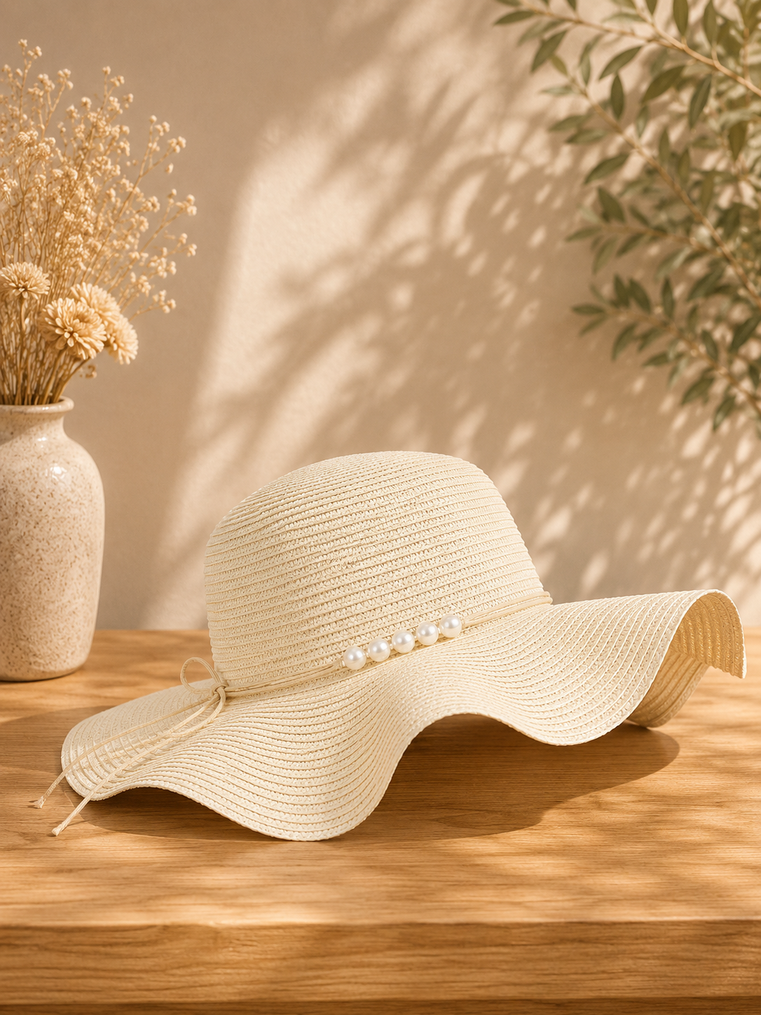 CHAPEAU DE PAILLE PERLES ECRU