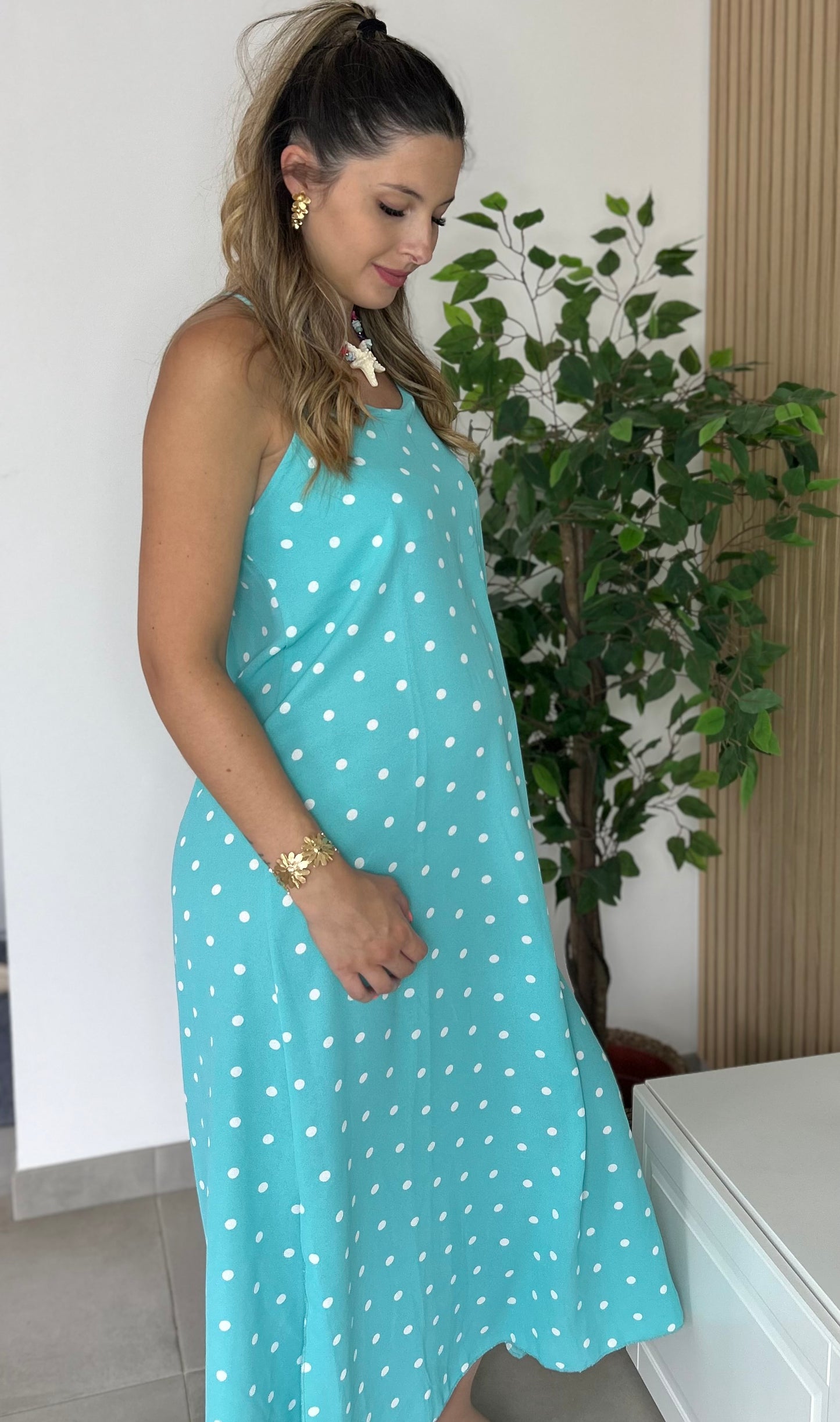 ROBE LEYA POIS TURQUOISE